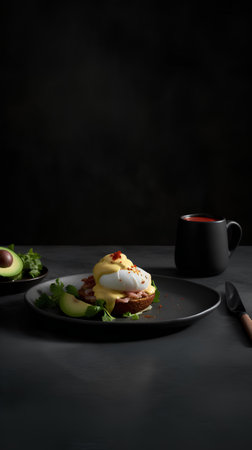 Poached egg with avocado on a black plate on a dark backgroundの素材
