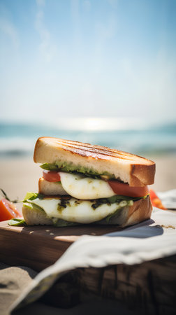Sandwich with mozzarella, tomato and basil on the beachの素材