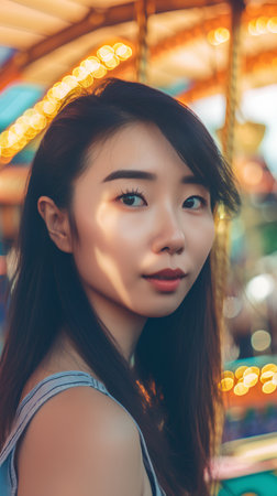 Portrait of a beautiful young asian woman on merry go roundの素材