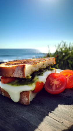 Sandwich with cheese, tomato and spinach on a wooden table.の素材