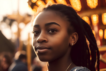 Portrait of a beautiful african american woman at the amusement parkの素材