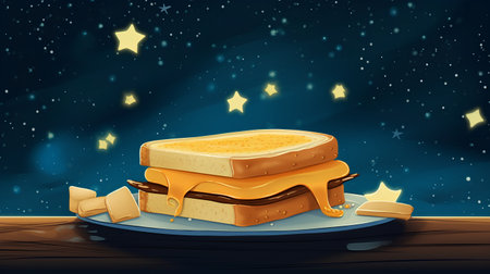 Illustration of a cartoon cheese sandwich on a wooden table in the night skyの素材
