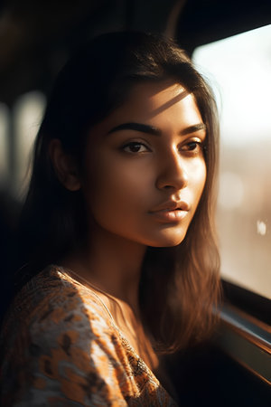 Portrait of a beautiful young asian woman in a bus.の素材