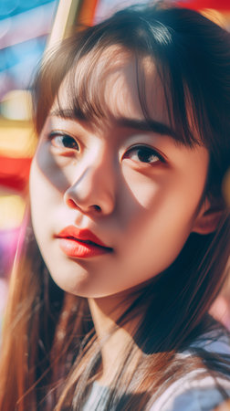 Portrait of a beautiful asian girl with red lips and blue eyesの素材
