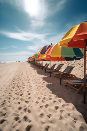 Colorful beach umbrellas and deck chairs on the sandy beachの素材