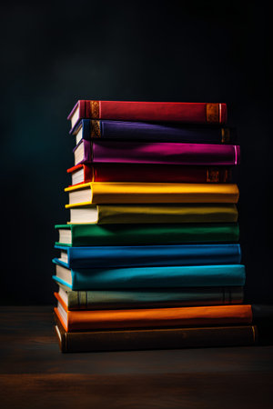 Stack of colorful books on wooden table. Back to school concept.の素材