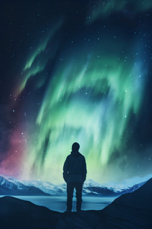 Man in winter clothes looking at aurora borealis in night skyの素材
