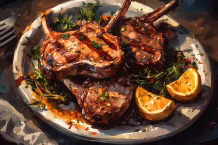 Roasted lamb chops with lemon and parsley on a plate.の素材