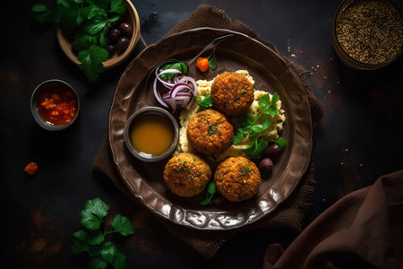 Falafel or patties with mashed potatoes and vegetables on rustic backgroundの素材