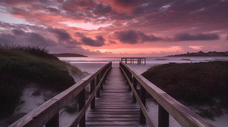 Wooden jetty leading to the beach at sunset with beautiful skyの素材