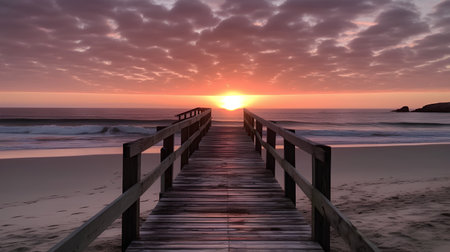 Sunset over the ocean with a wooden jetty on the beachの素材