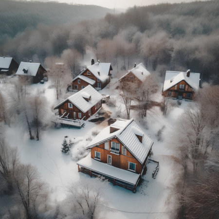 Aerial view of wooden houses in winter forest. Beautiful winter landscapeの素材