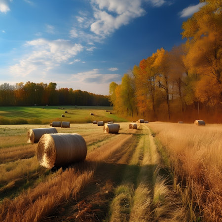 Autumn rural landscape with hay bales on the field and forestの素材