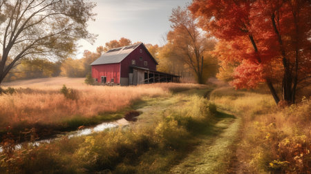Beautiful autumn landscape with a red barn in the middle of a streamの素材