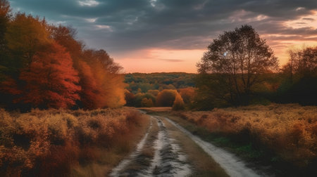 Beautiful autumn landscape with a road in the field and trees at sunsetの素材