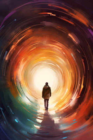 Man walking towards the sun in the middle of the tunnel. Vector illustration.の素材