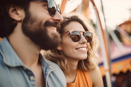 Happy young couple in sunglasses having fun at amusement park. Focus on manの素材