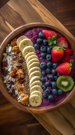 Healthy breakfast bowl with oatmeal, berries, banana and nuts on wooden backgroundの素材