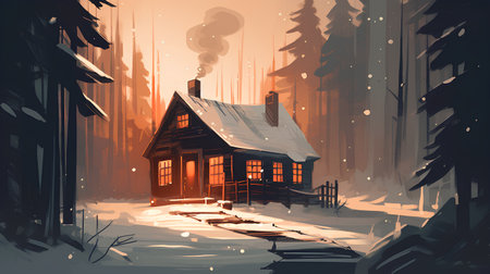 Winter landscape with old wooden house in the forest, vector illustration.の素材
