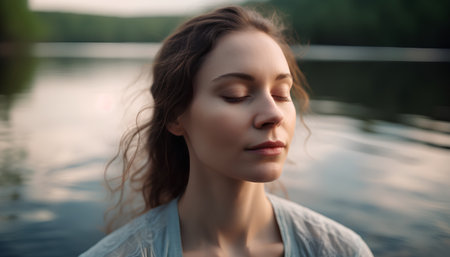 Portrait of a beautiful young woman on the background of a lakeの素材