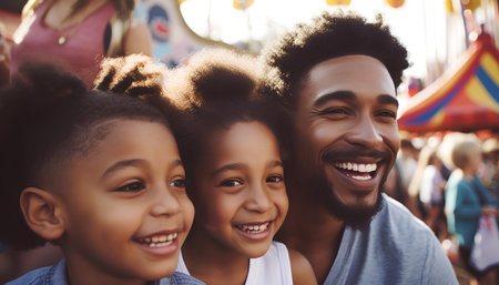 Happy african american family having fun together in amusement park.の素材