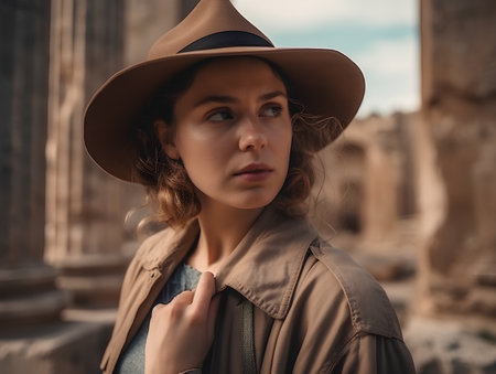 Portrait of a beautiful girl in a hat in the old cityの素材
