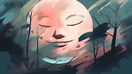 Face of a woman with eyes closed in the forest. Digital painting.の素材