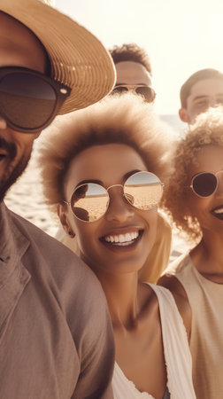 multiethnic friends in sunglasses smiling at camera while standing on beachの素材