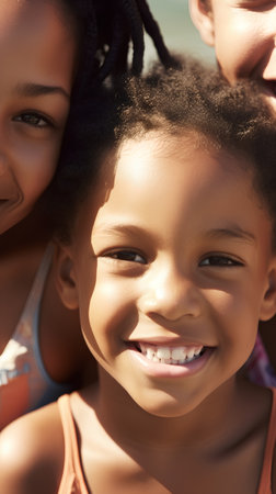 Close up portrait of happy african american mother and daughter looking at cameraの素材