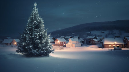 Christmas and New Year holidays background with Christmas tree in the village.の素材
