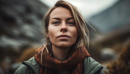 Portrait of a beautiful woman with blond hair, wearing a warm jacket and scarfの素材