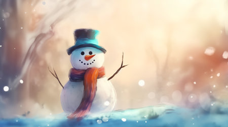 Snowman in winter forest with snowfall. Christmas greeting card.の素材