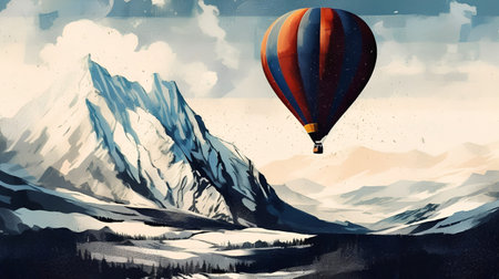 Hot air balloon flying over mountain landscape. Digital painting illustration with watercolor effect.の素材