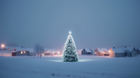 Beautiful winter landscape with christmas tree in the village at nightの素材