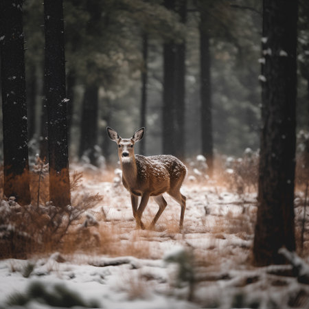 A young whitetail deer in the woods during a snowfall.の素材