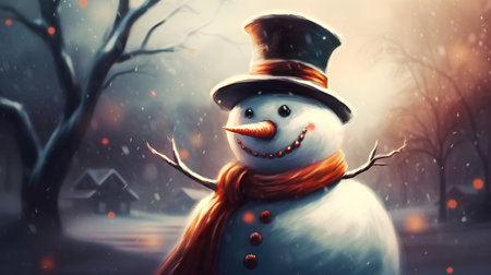 Snowman in the winter forest at night, 3D illustration.の素材