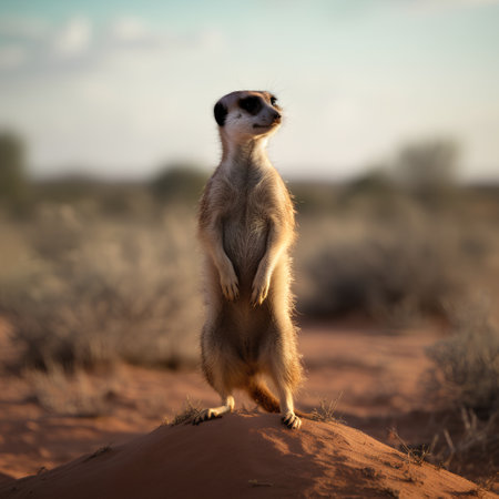 Meerkat standing on guard in Kalahari desert, South Africaの素材