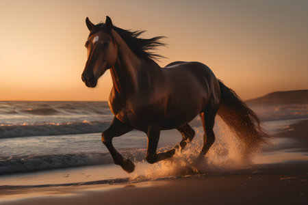 Horse running on the beach at sunset. 3d rendering.の素材