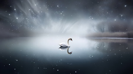 Fantasy landscape with a swan on the lake at night.の素材