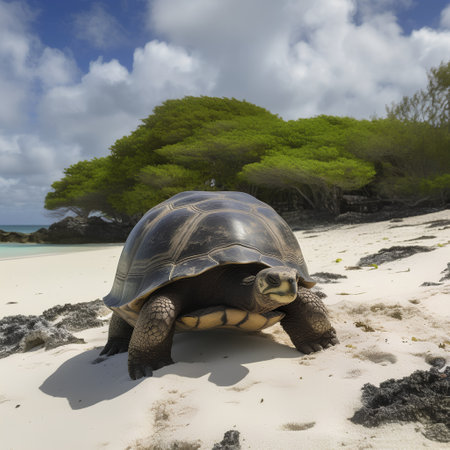 African spurred tortoise (Geochelone sulcata) on a tropical beach in Seychellesの素材