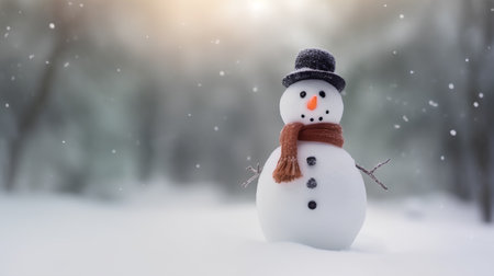 Snowman with scarf and hat in snowy forest. Christmas background.の素材