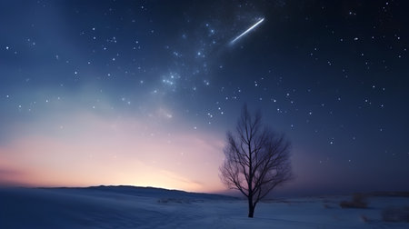 Winter landscape with a lonely tree on the background of the starry skyの素材