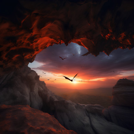 Fantasy landscape with flying birds in the cave. 3d renderの素材