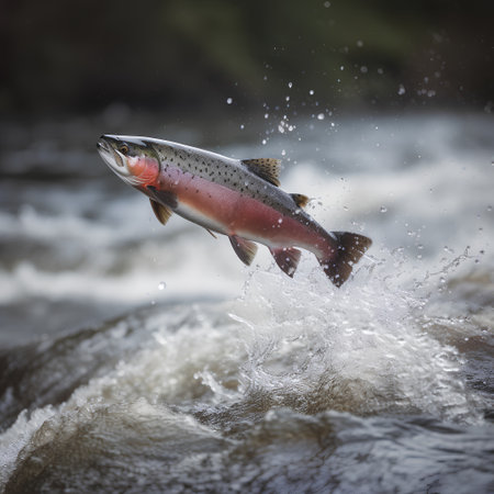 Rainbow trout jumping out of the river and splashing water.の素材