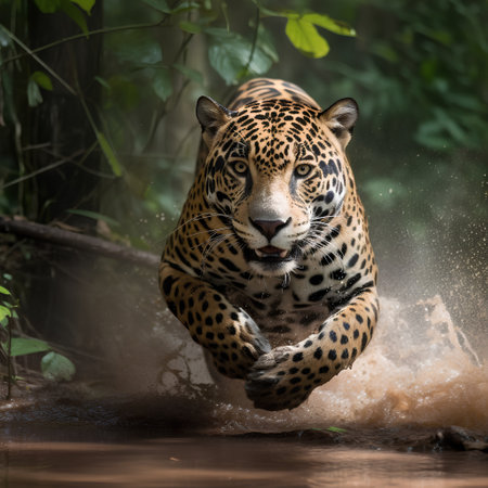 Jaguar Panthera onca running through a muddy river.の素材