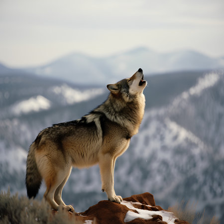 Grey wolf (Canis lupus) on the top of the mountainの素材