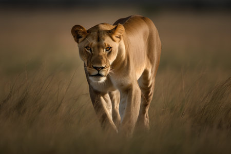 Lioness walking in the savannah, Maasai Mara National Park, Kenyaの素材