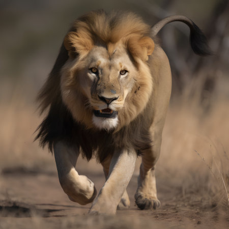 Male lion walking in the savannah, Etosha National Park, Namibiaの素材
