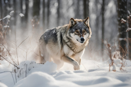 Portrait of a wolf in the winter forest. Canis lupusの素材