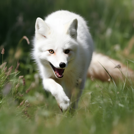 A young white fox running through the grass in a sunny day.の素材